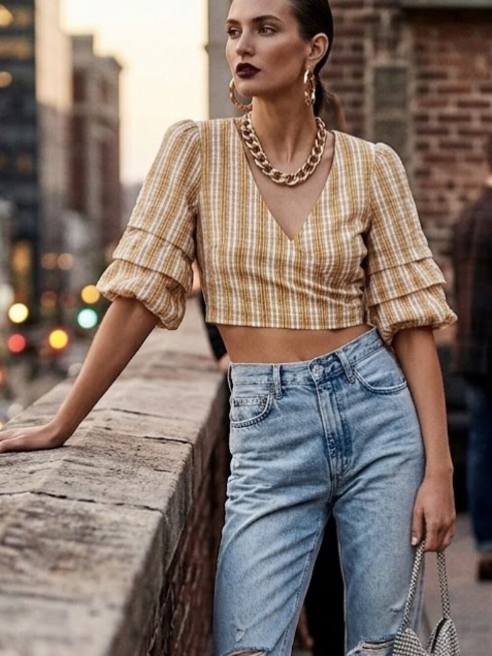 Majorelle Plaid Tie-Back Ruffle Sleeve Crop Top – Yellow & White